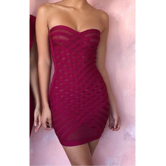 House of CB Burgundy Strapless Midi Dress - Picture 1 of 7